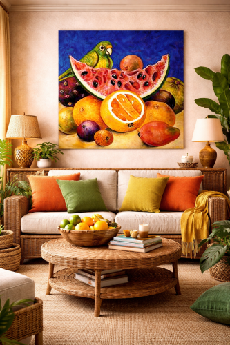 Картина "Натюрморт із папугою та фруктами" - фото